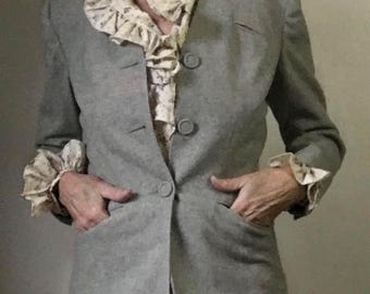 Vintage 1930s Vandevers Tulsa Gray Ribbed Wool Blazer Jacket Schiller Art Deco Collarless (XS/S)