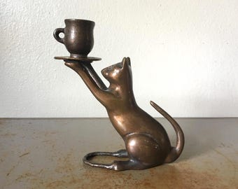 Vintage 70s Bronze Cat Teacup Candle Holder Whimsical Seated Animal Figurine Patina