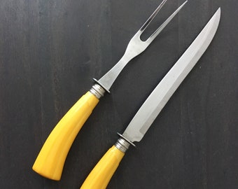 Vintage 1950s Washington Forge Yellow Bakelite Carved Handle Meat Carving Knife Fork Set