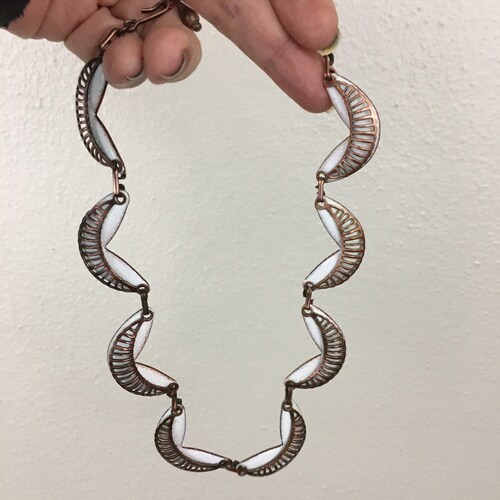 Vintage 1950s Necklace Copper Enamel Choker Art Deco Brutalist Copper White Half Moon Disc Glam shops Jewelry Wedding Gala Retrocorrect Accessory