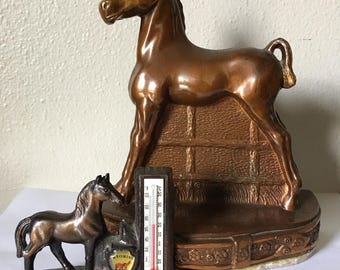 Vintage 1940s Copper Horse Bookend Champion Products & Thermostat Western American Decor Set