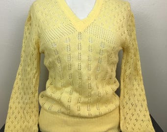 Vintage 1970s La Favorite Yellow Crochet Open Knit Sweater Puff Sleeve Prairie Small