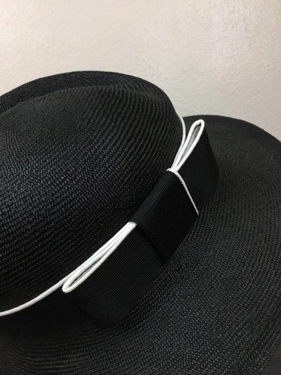 Vintage 80s does 50s Hat Straw BETMAR Black White… - image 10