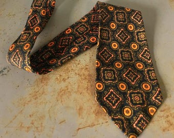Vintage 1970s Orange Yellow Mosaic Wide Wool Kipper Necktie Retro Geometric