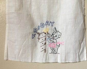 Vintage 1950s Hand Embroidered Cotton Tea Towel Puppy Dog Friday Dusting Design