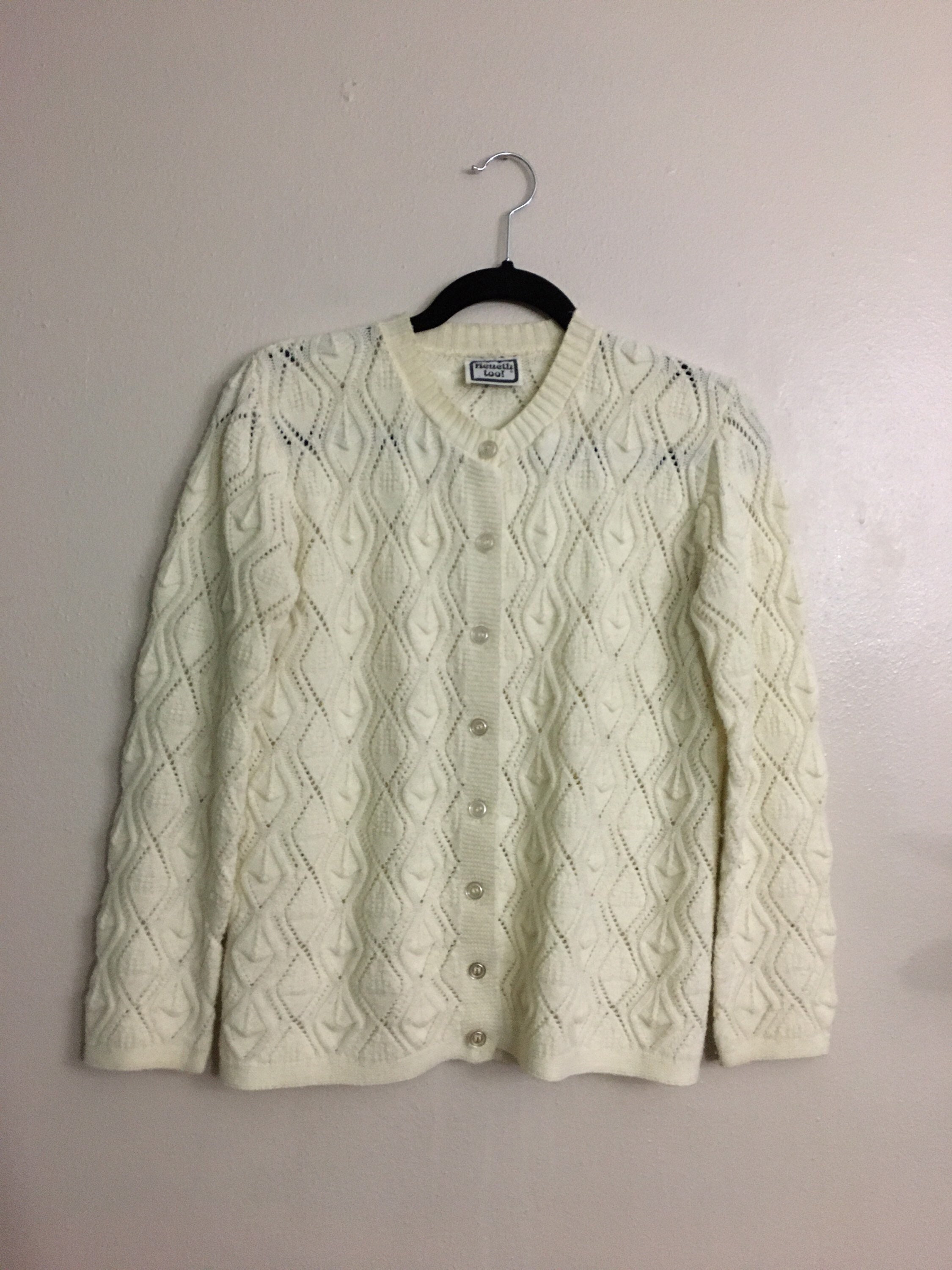 Vintage 1960s/1970s Cardigan Sweater Kenneth Too Eggshell White