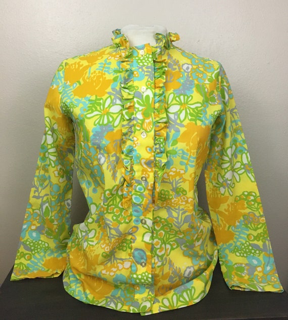 Vintage 1960s Blouse Secretary Mod Yellow Ruffle … - image 1