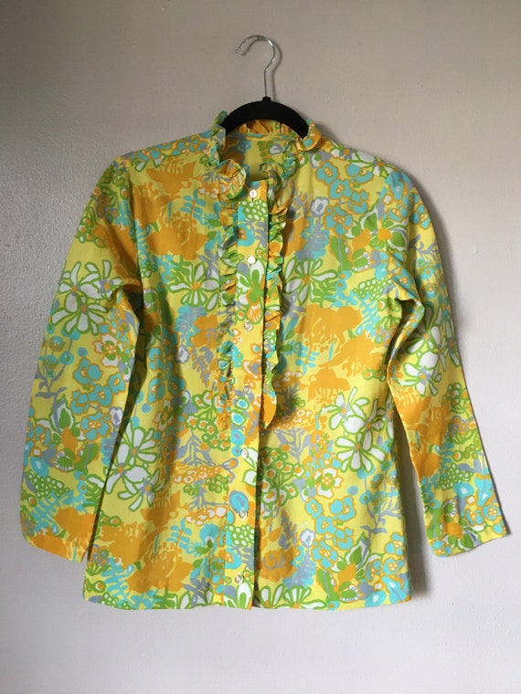 Vintage 1960s Blouse Secretary Mod Yellow Ruffle … - image 3