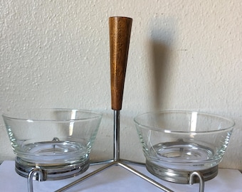 Vintage 1960s Chrome and Teak Twin Relish/Dip Server MCM Jeannette Glass Condiment Caddy