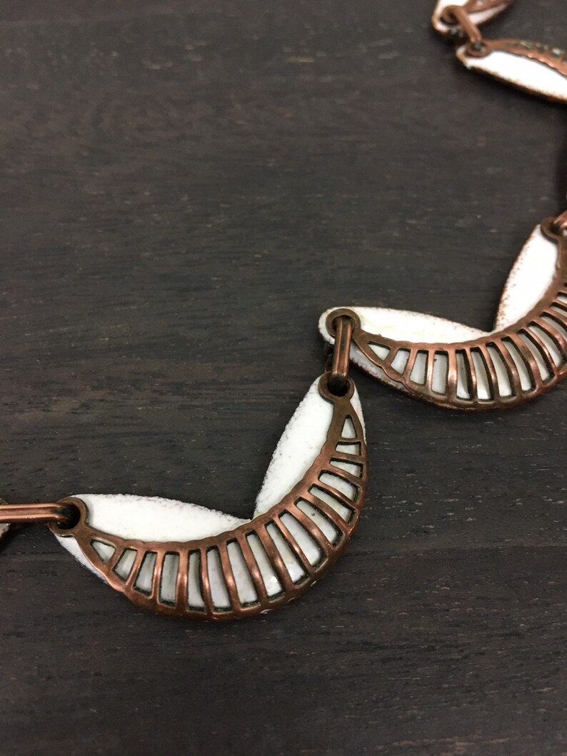 Vintage 1950s Necklace Copper Enamel Choker Art Deco Brutalist Copper White Half Moon Disc Glam shops Jewelry Wedding Gala Retrocorrect Accessory