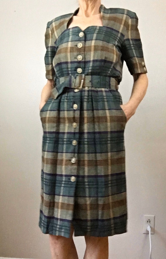 Vintage 1940s Day Dress Betty Barclay Cotton Plaid