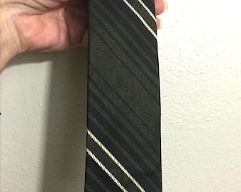 Skinny 1960s Silk Necktie Diagonal Stripe Dark Olive Green/Black Dapper Mid Century
