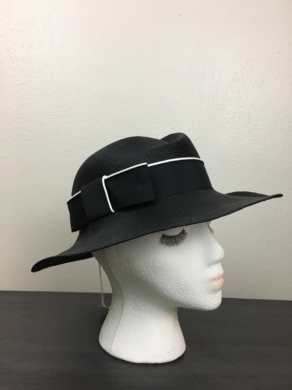 Vintage 80s does 50s Hat Straw BETMAR Black White… - image 1