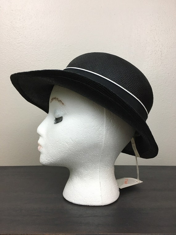 Vintage 80s does 50s Hat Straw BETMAR Black White… - image 5