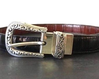 Vintage 1990s Reversible Black Brown Reptile Embossed Leather Swivel Buckle Western Belt - XS/S