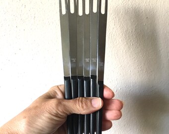 1960s Danish Modern Style Stainless Steel Serrated Flat Appetizer Forks Japan Boxed (6 set)