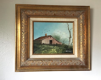 Acrylic Painting 70s Framed Signed Art, Barn, Wood Carved Gold, Floral Vine, Linen Matt