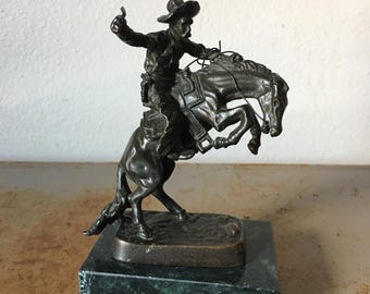 Vintage 1970s Brass Bronco Buster Statue  Green Marble Base Bucking Cowboy Taiwan ROC