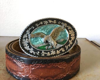 Vintage 1980s Siskiyou Eagle Belt Buckle Tooled Brown Leather Mens Western Cowboy Belt