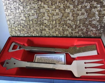 Vintage 1960s Vernco BBQ Set Spatula & Meat Fork, Bottle Openers, MCM Wood Stainless Patio Grill