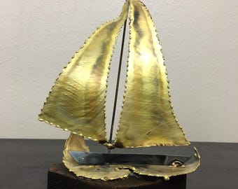 Vintage 1970s Brutalist Brass Sailboat Sculpture Torch Cut Mid Century Modern Wood Base