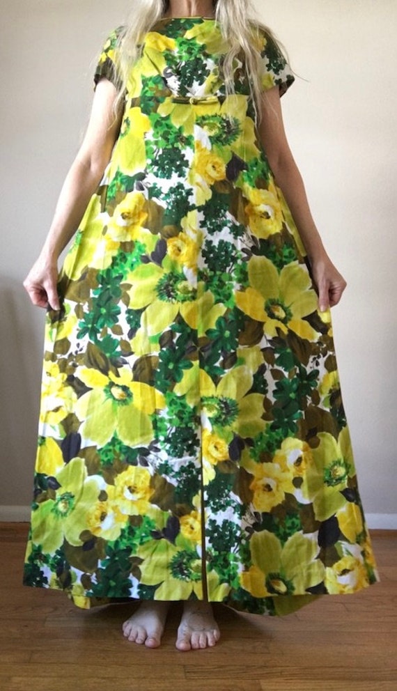 Vintage 1960s Dress Hawaiian Maxi Hostess Mod Flo… - image 3