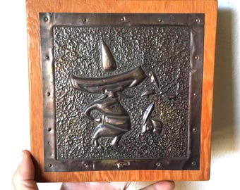 Vintage 1960s Brutalist Copper Art Mexican Sombrero Man MCM Raised Relief Plaque