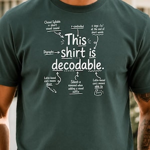 Op de afbeelding: Een donkergroen T-shirt met korte mouwen en witte tekst die This shirt is decodable leest. Het ontwerp bevat diverse taalkundige annotaties met pijlen die naar specifieke woorden wijzen, waarbij concepten zoals gesloten lettergrepen, r-gecontroleerde klinkers en tweeklanken worden uitgelegd.
