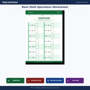 Peut inclure: Une feuille de calcul numérique pour les opérations mathématiques de base, avec des problèmes d'addition. La page à bordure verte comprend des équations telles que 1 + 4 = et 2 + 9 =. La feuille de calcul est étiquetée "Addition".