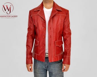 Chaqueta de cuero rojo auténtico estilo motero, inspirada en la película "Fight Club" de Brad Pitt y Tyler Durden, y prenda exterior retro de culto de los 90 de Project Mayhem.
