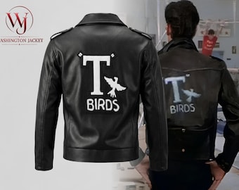 Chaqueta de cuero negra de motociclista estilo años 50 de la película Grease, T-Birds, John Travolta, Danny Zuko, Rydell.