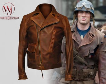 Chaqueta de cuero marrón de motociclista de Steve Rogers, el supersoldado de la Segunda Guerra Mundial del Capitán América: El Primer Vengador, disfraz de cosplay definitivo de Marvel.