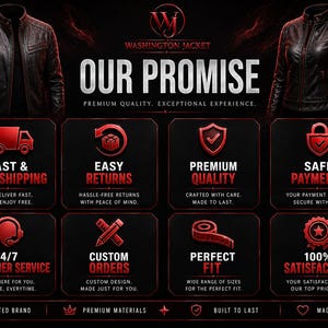 Pu&ograve; includere: Immagine promozionale per Washington Jacket con due giacche in pelle nera. Il testo evidenzia la promessa del marchio, tra cui spedizione veloce, resi facili, qualit&agrave; premium e pagamenti sicuri. Il design utilizza una combinazione di colori rosso scuro e nero.