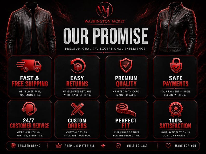 Pu&ograve; includere: Immagine promozionale per Washington Jacket con due giacche in pelle nera. Il testo evidenzia la promessa del marchio, tra cui spedizione veloce, resi facili, qualit&agrave; premium e pagamenti sicuri. Il design utilizza una combinazione di colori rosso scuro e nero.
