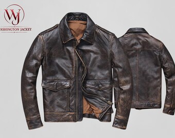 Chaqueta de aviador A2 de la Fuerza Aérea del Ejército de la Segunda Guerra Mundial, estilo vintage, de cuero marrón, ideal para disfraces de veterano militar de Top Gun.