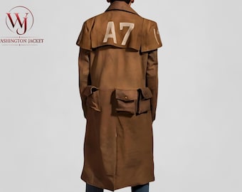 Abrigo largo de cuero auténtico marrón A7 de Fallout New Vegas, Ranger veterano de la RNC, del Yermo de Mojave, para cosplay, estilo videojuego postapocalíptico de ciencia ficción.