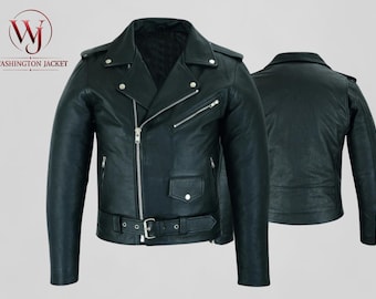 Chaqueta de motociclista de cuero negro vintage con cremallera asimétrica al estilo clásico de Marlon Brando, prenda exterior retro punk rock informal para montar a caballo.