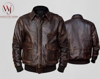 Chaqueta de aviador militar clásica vintage A2 para hombre, de cuero auténtico marrón envejecido, estilo retro informal de invierno para motociclistas.