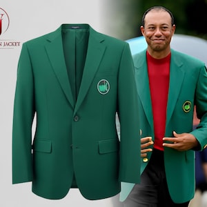 May include: A dark green blazer with a single-button closure and a small emblem on the chest. The blazer is displayed next to a person wearing a similar blazer. The Washington Jacket logo is in the upper left corner.