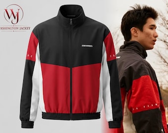 Chaqueta deportiva roja y negra de QT8 Garments, inspirada en el drama coreano "Weak Hero Class 1" de Ahn Suho, ideal para cosplay.