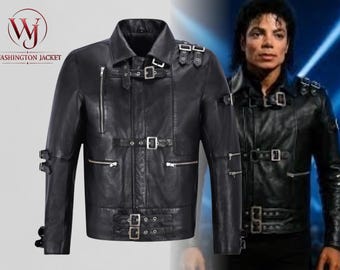 Chaqueta de cosplay de cuero negro con múltiples hebillas del videoclip "Bad" de Michael Jackson de 1987, abrigo de la gira tributo retro de los 80 del Rey del Pop