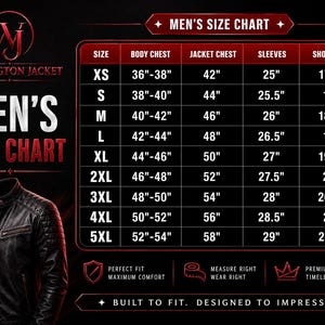 Pu&ograve; includere: Tabella delle taglie delle giacche da uomo, con misure in pollici per torace, petto giacca, maniche e spalle. Taglie dalla XS alla 5XL. Logo Washington Jacket.