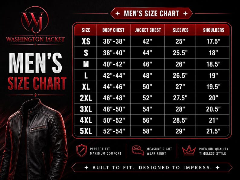 Pu&ograve; includere: Tabella delle taglie delle giacche da uomo, con misure in pollici per torace, petto giacca, maniche e spalle. Taglie dalla XS alla 5XL. Logo Washington Jacket.