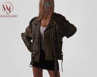 Chaqueta bomber oversize de cuero genuino hecha a mano con estética vintage de los años 90 para mujer, estilo streetwear retro informal para el día a día en invierno.