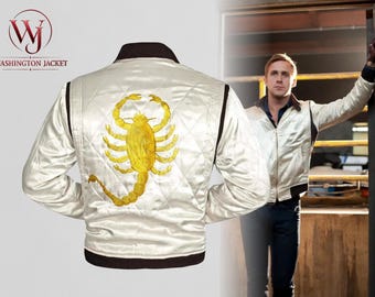 Drive 2011 Film Ryan Gosling The Driver Golden Scorpion Giacca bomber in raso avorio bianco, costume cosplay definitivo di Hollywood