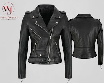 Chaqueta de motociclista clásica Brando de cuero genuino de corte ajustado para mujer, estilo vintage retro casual urbano para invierno.