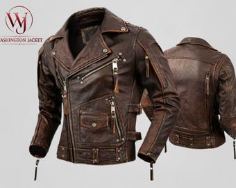 Chaqueta de motociclista clásica vintage estilo café racer de cuero genuino marrón para hombre, estilo retro informal para uso diario.