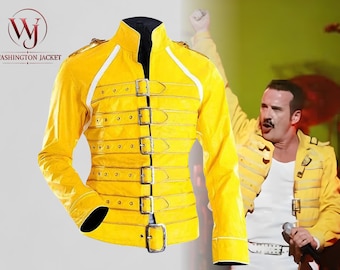 Chaqueta de cuero amarilla icónica de Freddie Mercury del concierto Live Aid de Wembley de Queen en 1986, el disfraz definitivo de cosplay de la cultura pop.