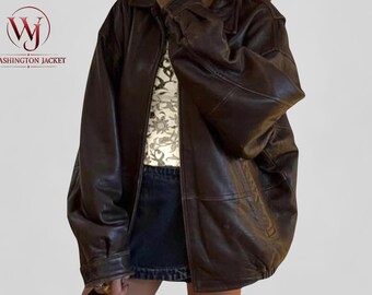 Chaqueta de motociclista de cuero genuino marrón extragrande estilo streetwear vintage para mujer, ropa de abrigo retro informal de invierno para motociclistas.