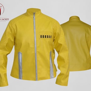 May include: A vibrant yellow jacket with a stand-up collar and a full-length zip. The jacket has silver detailing and a small pocket with black stripes. The back of the jacket is also visible. The jacket is from Washington Jacket.